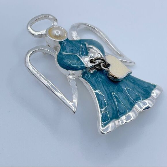 Angle Brooch Silver Tone Blue Swirl Enamel Heart Charm Faux Pearl Halo Wings - Picture 8 of 10